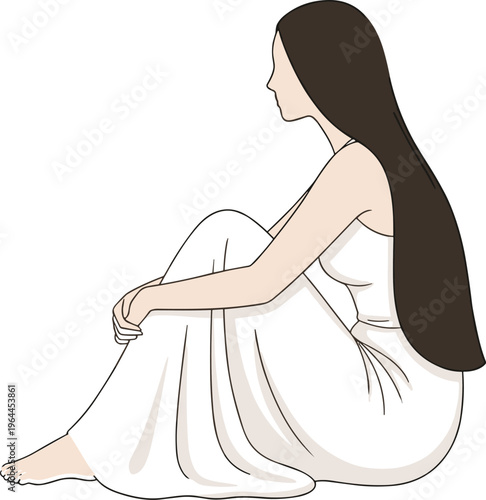 Vector illustration of a pensive young woman with long dark hair wearing a white dress sitting gracefully on the floor in a minimalist style