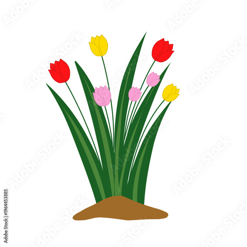 A vibrant vector illustration depicts a lush spring or summer meadow brimming with colorful wildflower,. Various pink, blue, and yellow blossoms are interspersed among rich green grass and foliage. Th