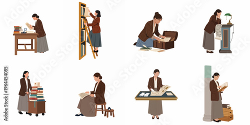 Flat vector set of a female librarian or researcher in vintage clothing working with historical manuscripts, books, and archives.