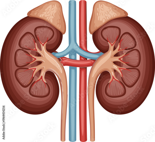 Detailed vector illustration of the human kidney anatomy featuring adrenal glands renal artery and renal vein for medical education