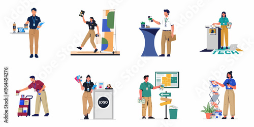 Flat vector illustrations of event promoters and exhibition staff working at trade shows, conferences, and registration desks, assisting guests and distributing information.