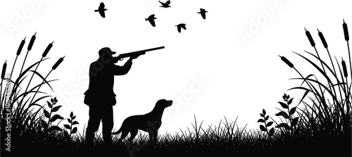 Hunter with dog silhouette in nature scene, man aiming shotgun at flying birds, outdoor hunting illustration, wildlife landscape vector isolated on white background