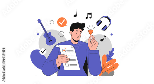 Man with checklist and music notes, creative process.