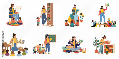 Diverse collection of flat illustrations depicting teachers and children engaged in storytelling, reading, and learning activities in preschool and daycare settings.