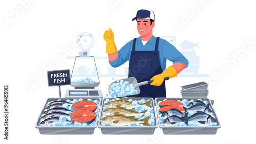 Fresh Catch Display: A fishmonger proudly presents a diverse array of fresh seafood, expertly arranged atop a bed of ice, in a display.