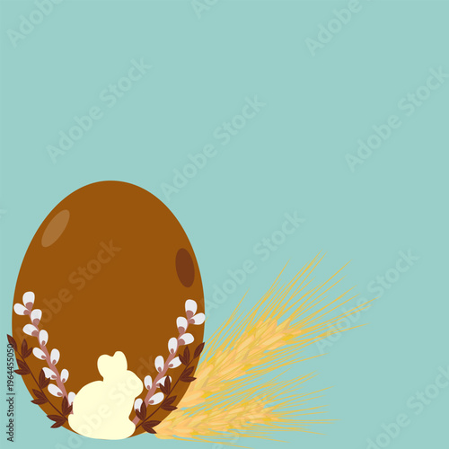 Chocolate Easter egg vector illustration on green background. White bunny silhouette with pussy willow and wheat. Festive greeting card template with large copy space for spring holiday