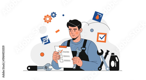 Mechanic inspecting checklist for vehicle maintenance and repair.