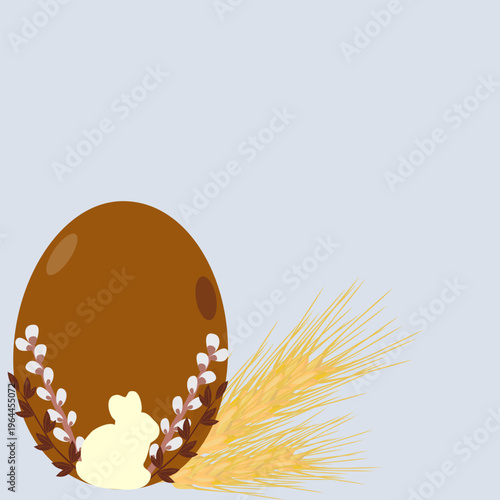 Chocolate Easter egg 0vector illustration on blue background. White bunny silhouette with pussy willow and wheat. Festive greeting card template with large copy space for spring holiday