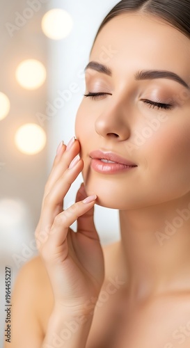 Woman with closed eyes gently touches her face.