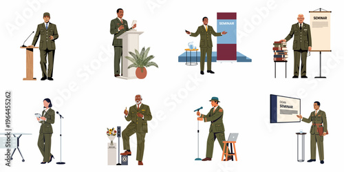 Diverse group of military personnel and educators in olive green uniforms giving professional seminars and academic presentations, isolated on a white background.