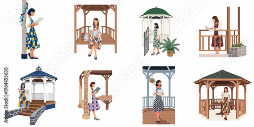 Set of flat illustrations featuring a woman reading books and newspapers in different types of garden gazebos, pavilions, and outdoor structures.