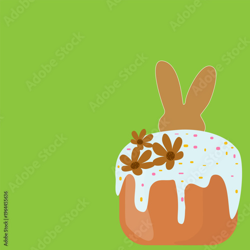 Easter cake with bunny ears vector illustration on green background. Traditional pascha bread with white glaze and chocolate flowers. Festive greeting card template with large copy space