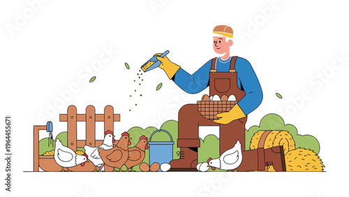 A Farmer's Daily Task: A dedicated farmer, dressed in overalls and gloves, is depicted meticulously feeding the chickens in the coop and gathering eggs, embodying the essence of rural life.