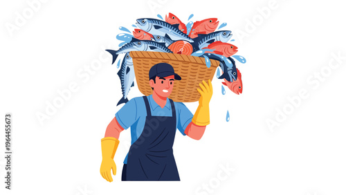 Fresh Catch Harvest: A smiling fisherman bears a wicker basket overflowing with fresh seafood, illustrating the bounty of the sea and the dedication of the fishing trade.