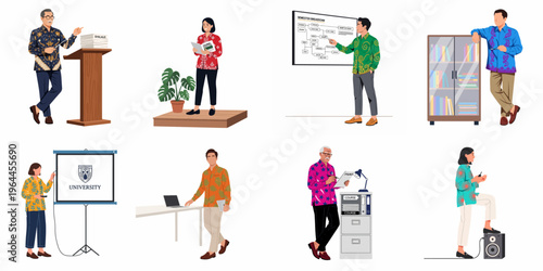 Flat vector illustration set of Indonesian teachers and professors wearing traditional Batik shirts in various academic and educational settings.