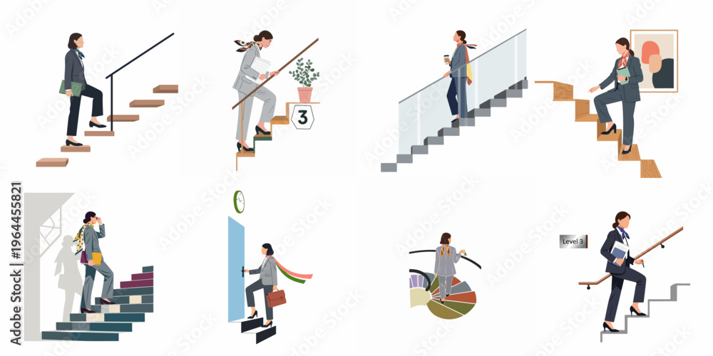 Fototapeta premium Set of illustrations showing a professional businesswoman climbing various stairs, symbolizing career progression, ambition, and success in a modern office environment.