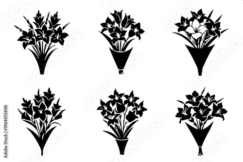 A minimal black silhouette illustration of a flower bouquet, symmetrical arrangement of multiple round flowers with petal details, surrounded by leaves, placed in a cone-shaped wrapping tied with a ri