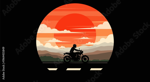 Motorcyclist riding a classic motorcycle on a scenic road at sunset.