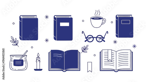 Literary Haven: An illustration captures the essence of a serene reading experience, featuring stacks of books, a comforting cup of coffee, and eyeglasses. 