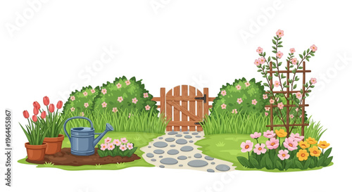 A colorful spring garden scene with a stone path, wooden gate, blooming flowers, potted plants, and watering can, set against a green lawn with a trellis and fence