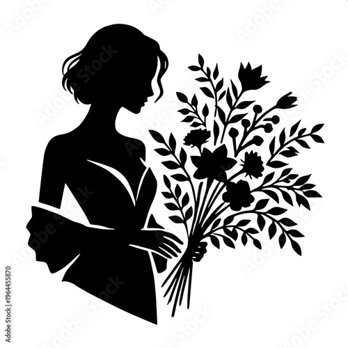 A minimal black silhouette illustration of a flower bouquet, symmetrical arrangement of multiple round flowers with petal details, surrounded by leaves, placed in a cone-shaped wrapping tied with a ri