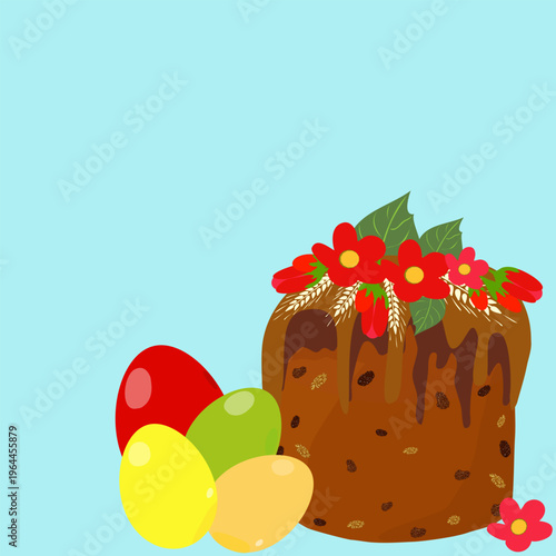 Easter cake with chocolate glaze and colorful eggs vector illustration on blue background. Traditional pascha bread with red flowers and wheat. Festive card template with large copy space