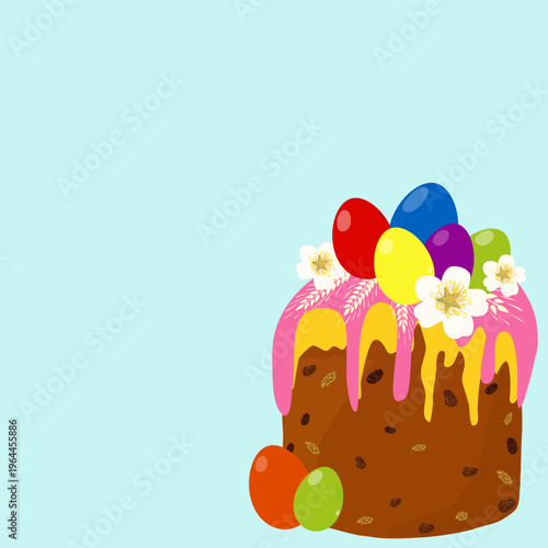 Easter cake with pink and yellow glaze vector illustration on blue background. Traditional pascha bread with colorful eggs and white flowers. Festive greeting card template with copy space