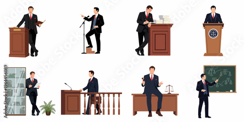 Set of professional male lawyer and politician illustrations in various courtroom, office, and speaking engagement scenarios.