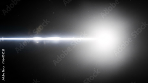 黒背景に輝くシネマティックな白い光のビームとレンズフレア