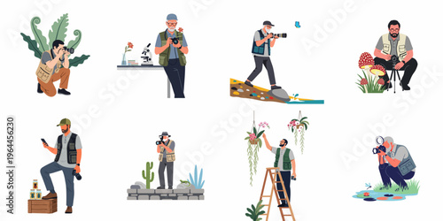 Set of diverse men nature photographers and biologists documenting wildlife, plants, and insects in various natural habitats and lab settings.