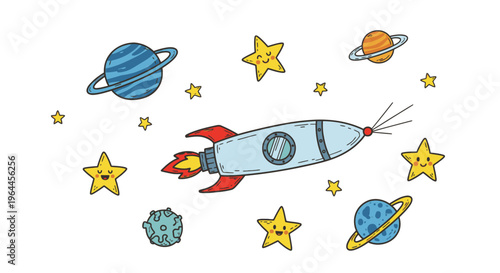 Rocket ship flying through outer space.