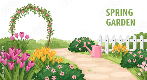 Colorful spring garden illustration with blooming flowers, a white picket fence, and a pink watering can on a path