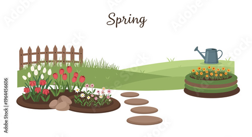 A colorful spring garden scene with blooming flowers, a wooden fence, and a watering can on a green lawn, featuring a path and suitable for blog headers and editorial visuals
