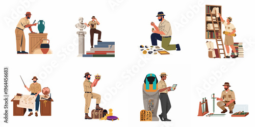 Set of male archaeologist characters exploring history through ancient artifacts, fossils, treasure, and archival research in various educational scenes.