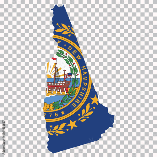 Map of New Hampshire featuring its official state flag design, isolated on transparent background for geography and infographic use.