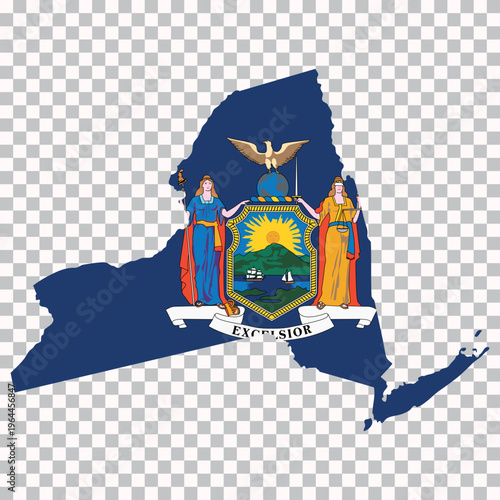 Outline map of New York filled with its state flag design, isolated on transparent background for geography and educational use.