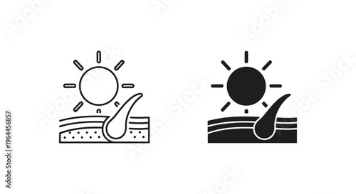 Sun protection skin care icons, UV ray exposure on human skin layers and hair follicle, dermatology sunblock and SPF protection vector set