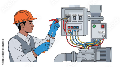 Electrical Technician at Work: An electrical technician, equipped with essential tools and wearing protective gear, meticulously inspects and maintains an electrical panel.