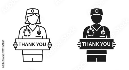 Medical nurse holding thank you sign vector, healthcare worker gratitude icon set, female doctor with stethoscope and message board, black and white line art