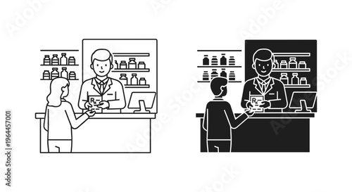 Pharmacist serving customer at drugstore counter, pharmacy line and glyph icons, medical professional dispensing prescription medication in retail store