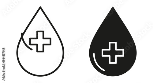 Medical blood drop icons with cross symbol, minimalist healthcare liquid droplets, black and white vector set for clinic and hospital signage