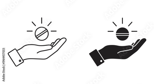Medical pill in hand icon set, pharmaceutical tablet and palm vector illustration, healthcare medicine and pharmacy symbols in line and solid style