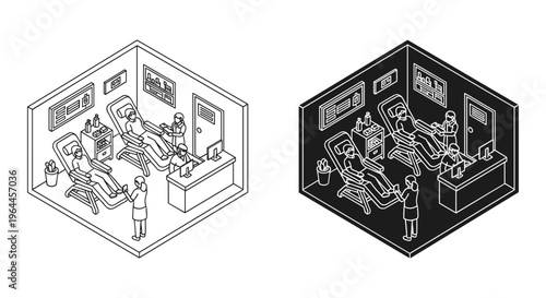 Isometric blood donation center vector set, medical clinic interior with donors and nurses, healthcare laboratory room line art illustration