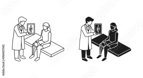 Orthopedic doctor examining patient with prosthetic leg, medical consultation for amputee, bionic limb rehabilitation vector icons