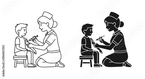Pediatric vaccination vector icons, nurse giving injection to child, medical clinic immunization line art and black silhouette graphics
