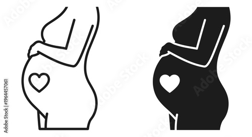 Pregnant woman silhouette with heart on belly, maternity line art and solid vector icons, prenatal care and motherhood symbols for healthcare