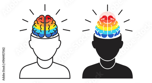 Mental health awareness vector, human head with colorful rainbow brain, psychological well-being and emotional intelligence concept illustration
