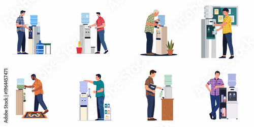 Set of Illustrations Showing Men Using Water Coolers in Various Office and Public Settings for Hydration and Refreshment