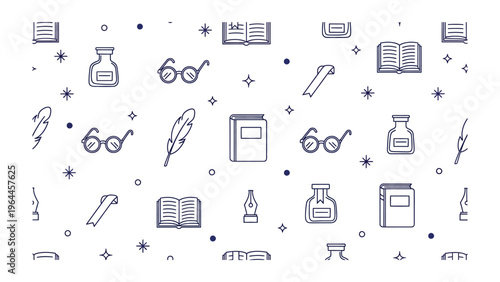 Literary Accessories Pattern: An array of literary accessories, including books, spectacles, quills, and inkwells, artfully arranged against a simple background.