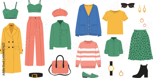 Hand drawn capsule wardrobe illustration featuring various clothing items coats sweaters skirts pants and stylish accessories for women's fashion.
